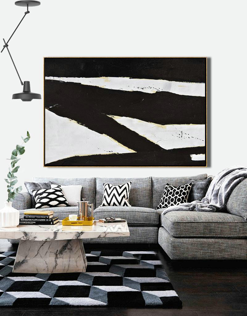 Original Abstract Painting Canvas Art,Horizontal Palette Knife Minimal Canvas Art Painting Black White Beige - Extra Large Canvas Art,Handmade Acrylic Painting